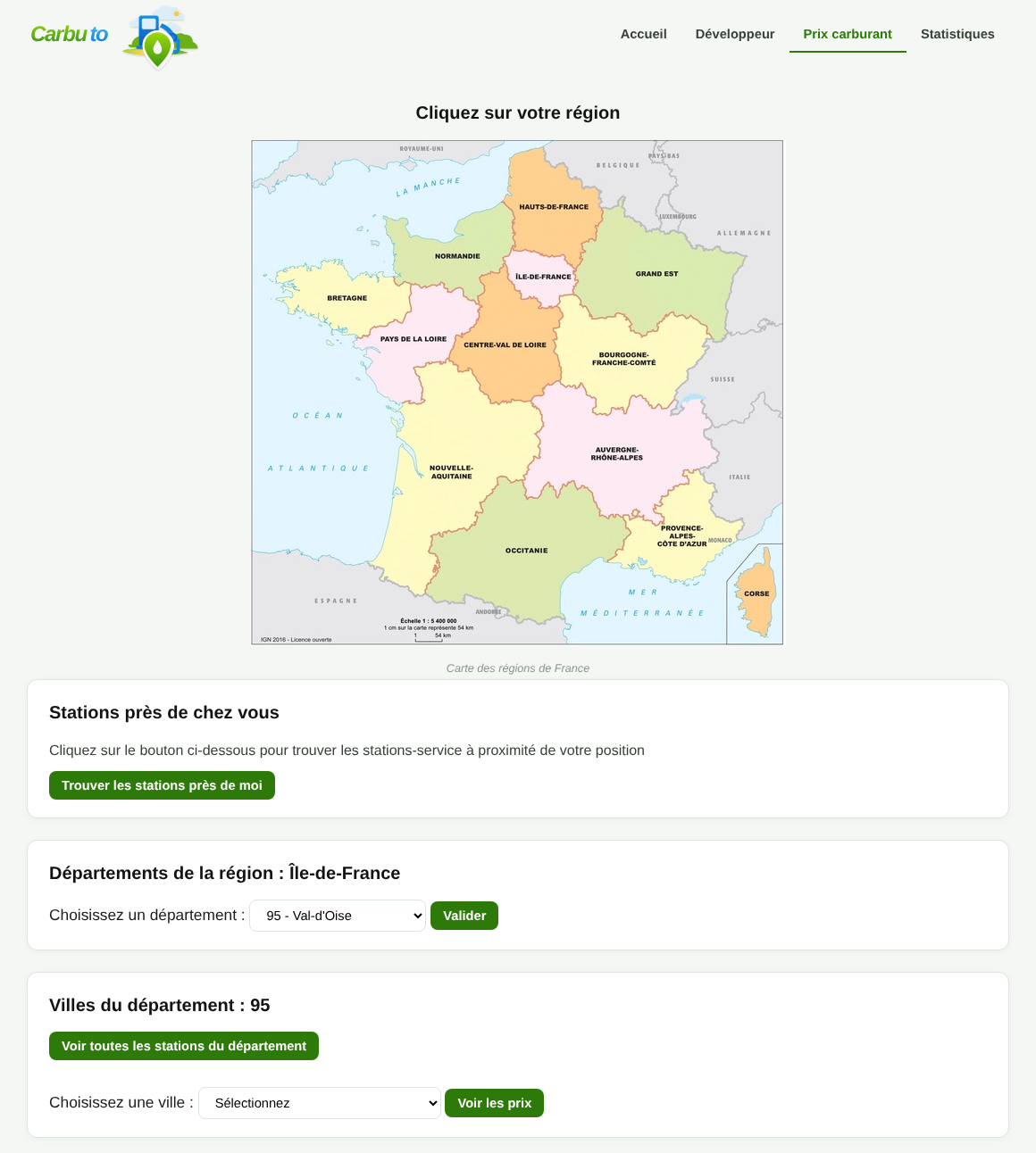 Page des prix de Carbuto : carte des régions de France, puis choix du département (Val-d'Oise) et de la ville