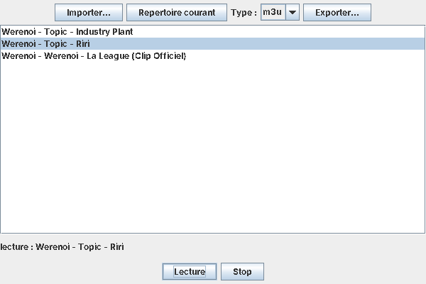 Interface Swing du gestionnaire de playlists : liste des musiques, choix du format d'export, lecture et stop