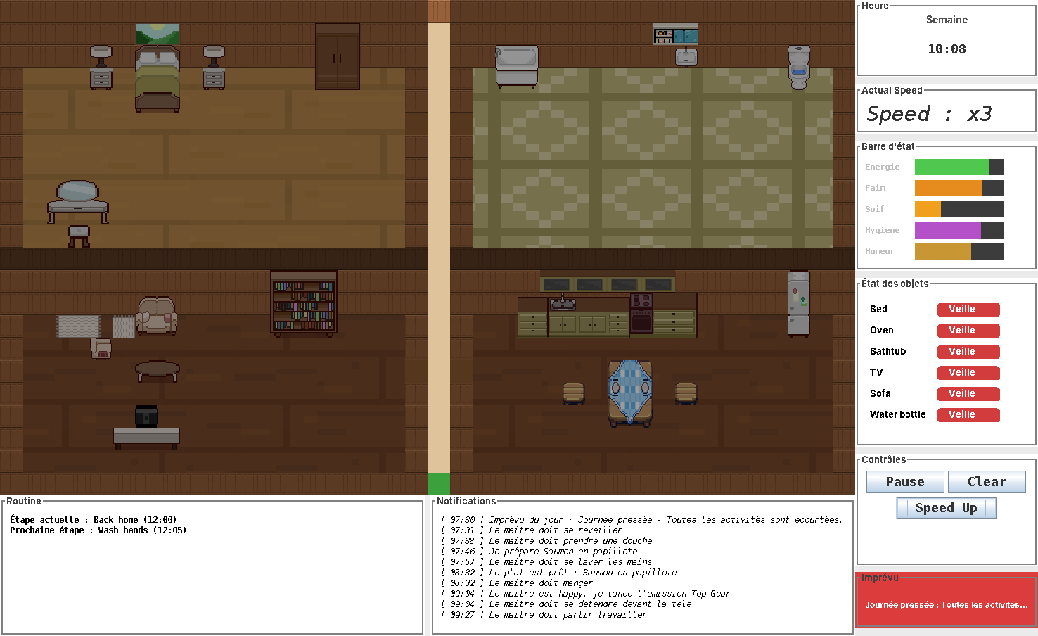 Simulation GLP Domotique en cours : les 4 pièces de la maison, les barres d'état du maître et les notifications